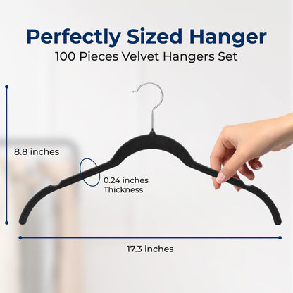 Velvet Non-Slip Hangers 100-Pack, Space-Saving, 360¬∞ Swivel Hook, Black