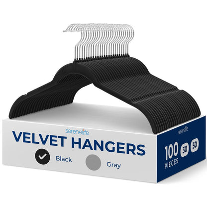 Velvet Non-Slip Hangers 100-Pack, Space-Saving, 360¬∞ Swivel Hook, Black