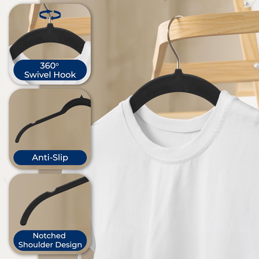 Velvet Non-Slip Hangers 100-Pack, Space-Saving, 360° Swivel Hook, Black