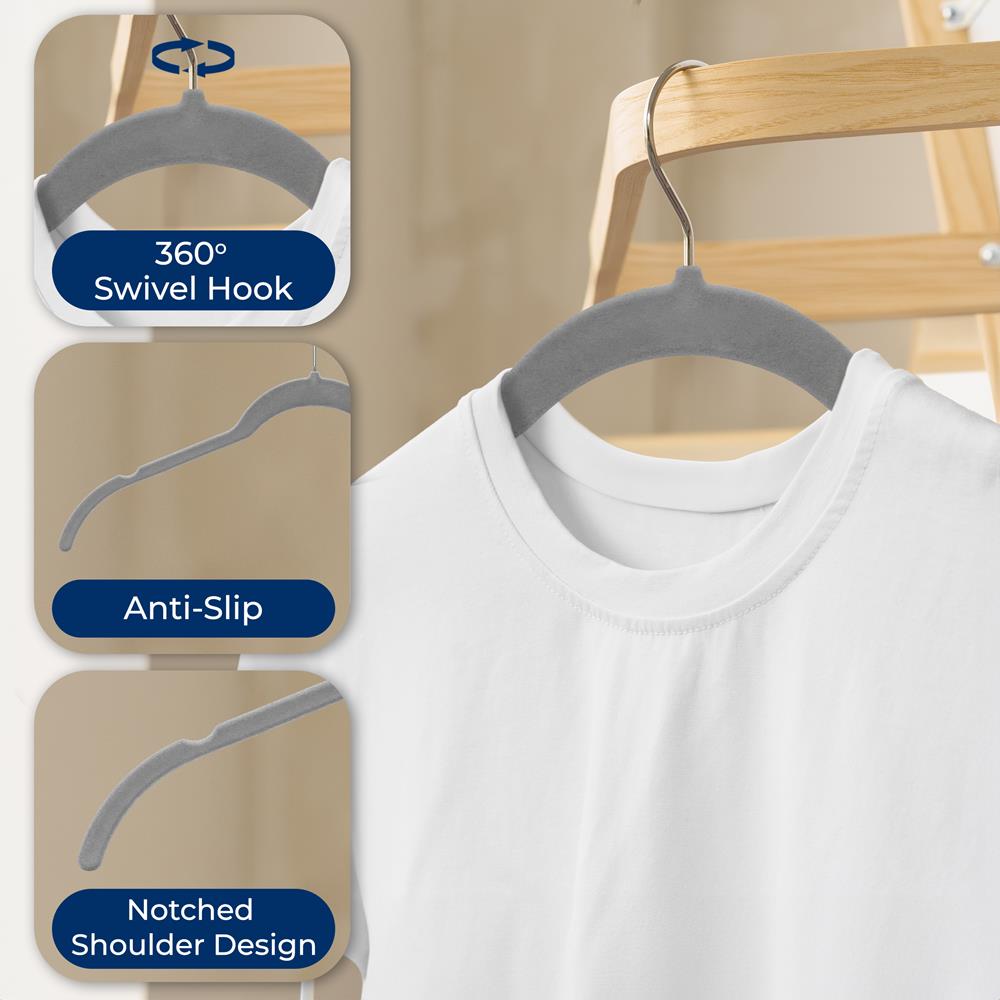 100-Pack Velvet Hangers, Non-Slip, Space-Saving, 360° Swivel, Gray - Thumbnail 2