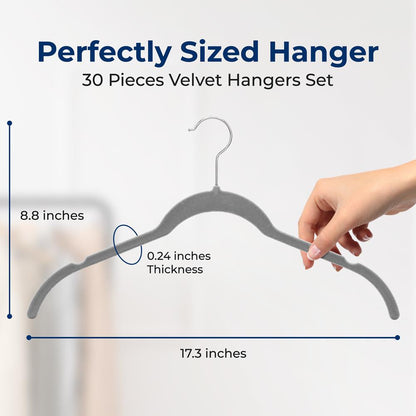 30-Piece Velvet Hangers, Non-Slip, Space-Saving, 360¬∞ Swivel Hook, Grey
