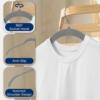 30-Piece Velvet Hangers, Non-Slip, Space-Saving, 360¬∞ Swivel Hook, Grey