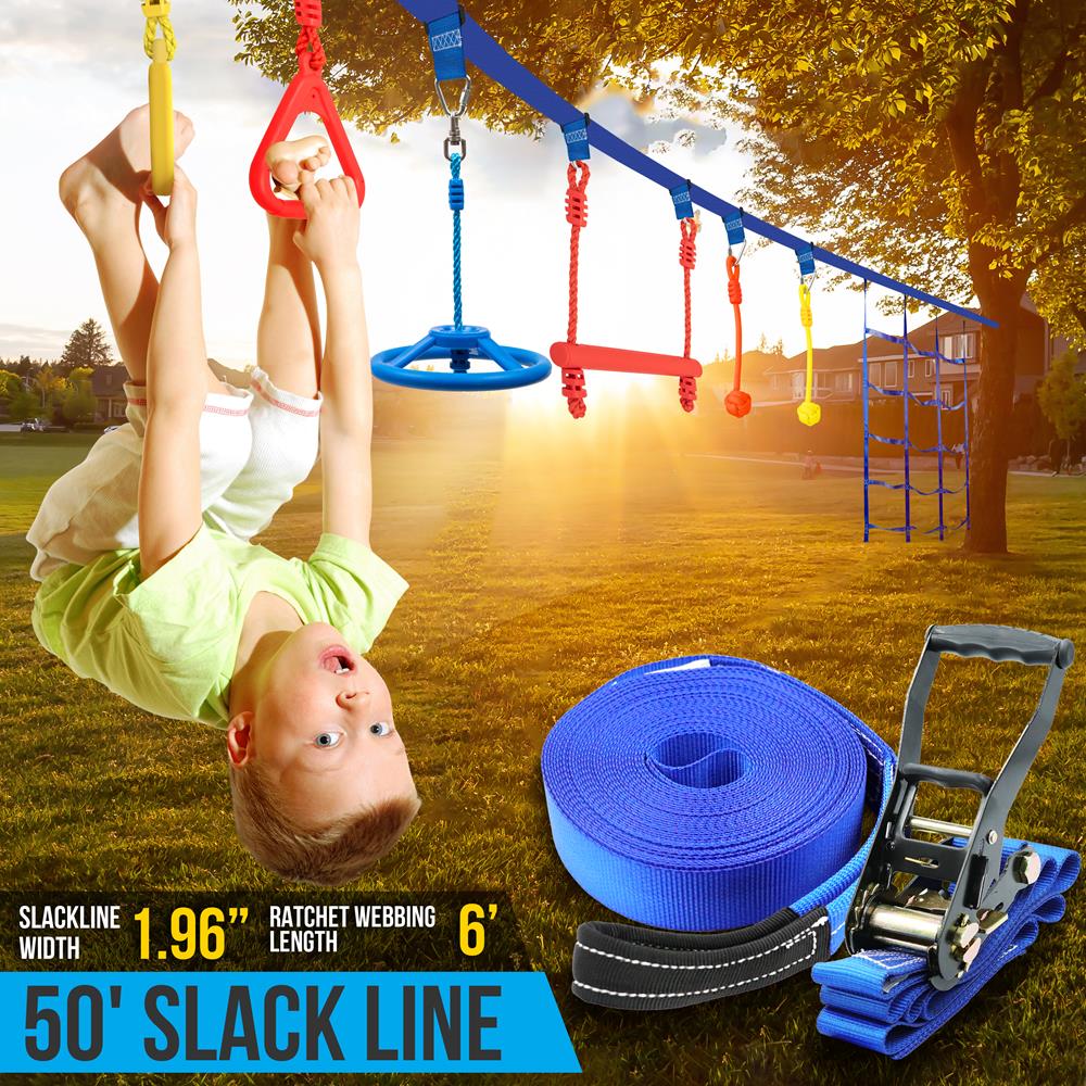 Slackers USA Ninja Line 980020 Starterset, 11 meter hangelparcour, leuke 11-delige complete set, ook als slackline te gebruiken, met 7 obstakels, trainen als een Ninja, 980020 Slackers USA Ninja Line 980020 Starterset, 11 meter hangelparcour, leuke 11-delige complete set, ook als slackline te gebruiken, met 7 obstakels, trainen als een Ninja, 980020