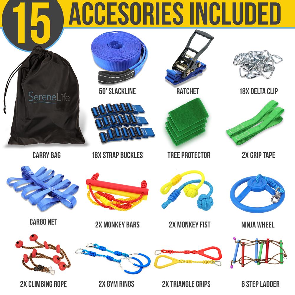 Ninja Warrior Obstacle Course 50ft Slackline Set with 18