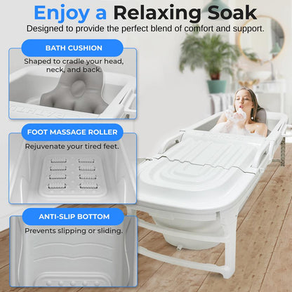 Freestanding Portable Bathtub Spa - Large 59" Foldable, Easy Drain, White