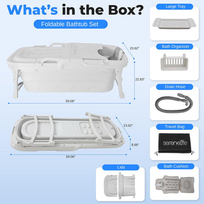 Freestanding Portable Bathtub Spa - Large 59" Foldable, Easy Drain, White