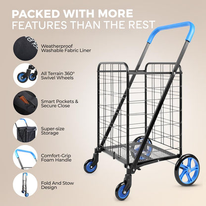 Folding Utility Cart 110 lb Capacity 360° Swivel Wheels Blue