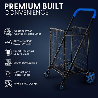 Heavy Duty Foldable Shopping Cart With Removable Cart Liner, 360 Degree Rolling Swivel Wheels, And Adjustable Handle, 110 Lbs. Weight Capacity For Groceries, Laundry, Luggage, And More