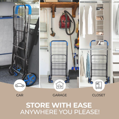 Folding Utility Cart 110 lb Capacity 360° Swivel Wheels Blue