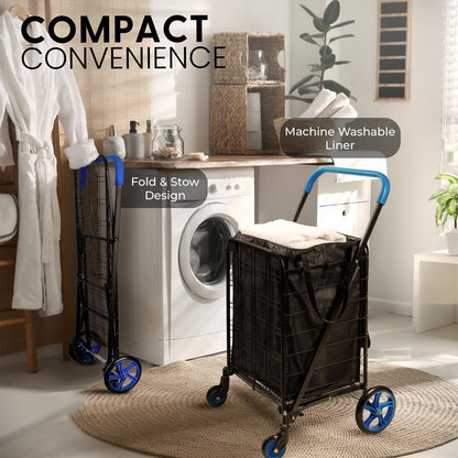 Folding Utility Cart 110 lb Capacity 360° Swivel Wheels Blue