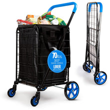Small Foldable Shopping Cart With Removable Cart Liner, 360 Degree Rolling Swivel Wheels, 70 Lbs. Weight Capacity For Groceries, Laundry And Luggage (Blue)