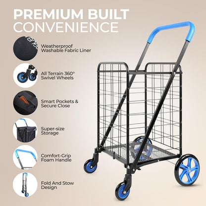 Folding Shopping Cart 70lb Capacity Rustproof Steel Frame Blue