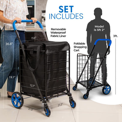 Small Foldable Shopping Cart With Removable Cart Liner, 360 Degree Rolling Swivel Wheels, 70 Lbs. Weight Capacity For Groceries, Laundry And Luggage (Blue)