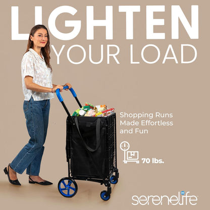 Small Foldable Shopping Cart With Removable Cart Liner, 360 Degree Rolling Swivel Wheels, 70 Lbs. Weight Capacity For Groceries, Laundry And Luggage (Blue)