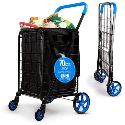 Folding Shopping Cart 70lb Capacity Rustproof Steel Frame Blue