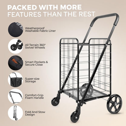 Compact Folding Shopping Cart, 70lb Capacity, Rustproof Steel, Swivel Wheels