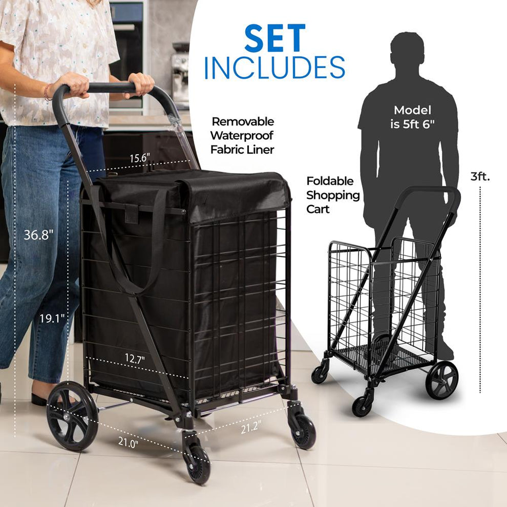Compact Folding Shopping Cart, 70lb Capacity, Rustproof Steel, Swivel ...