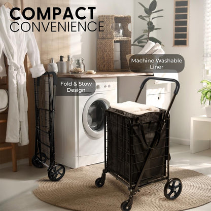 Small Foldable Shopping Cart With Removable Cart Liner, 360 Degree Rolling Swivel Wheels, 70 Lbs. Weight Capacity For Groceries, Laundry And Luggage (Black)