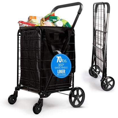 Small Foldable Shopping Cart With Removable Cart Liner, 360 Degree Rolling Swivel Wheels, 70 Lbs. Weight Capacity For Groceries, Laundry And Luggage (Black)