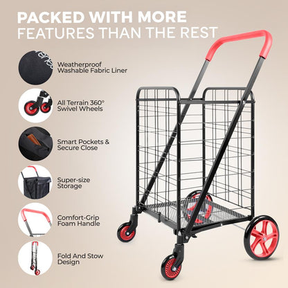 Folding Shopping Cart, 70lb Capacity, Rustproof Steel, Red