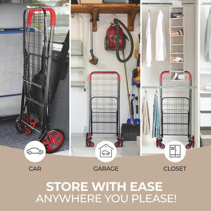 Folding Shopping Cart, 70lb Capacity, Rustproof Steel, Red