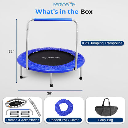 36" Foldable Toddler Trampoline, 220 lb Capacity, Padded Handrail, Deep Blue