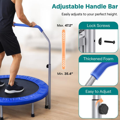 40" Foldable Trampoline, Burn Calories, Adjustable Handrail, Deep Blue