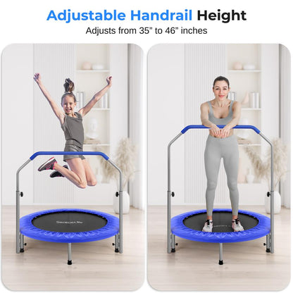 40" Foldable Trampoline, Burn Calories, Adjustable Handrail, Deep Blue