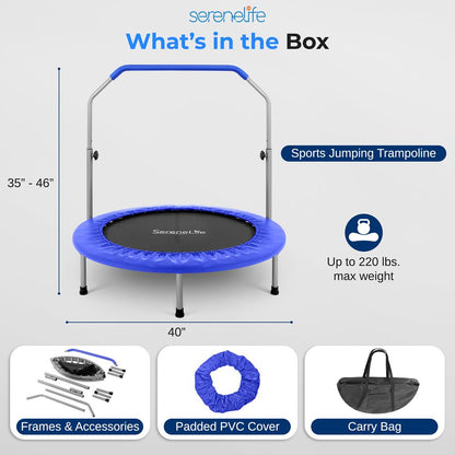 40" Foldable Trampoline, Burn Calories, Adjustable Handrail, Deep Blue
