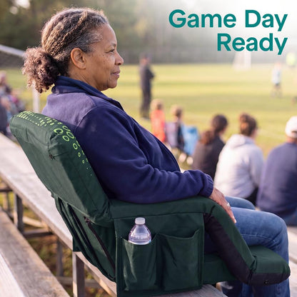 Serenelife 21” Foldable Stadium Chair With Backrest – 6 Adjustable Reclining Angles, Cup Holder, Padded Armrests, And Storage Pockets (Green)