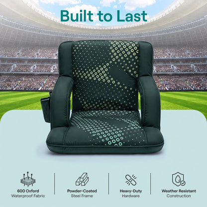 Serenelife 21” Foldable Stadium Chair With Backrest – 6 Adjustable Reclining Angles, Cup Holder, Padded Armrests, And Storage Pockets (Green)
