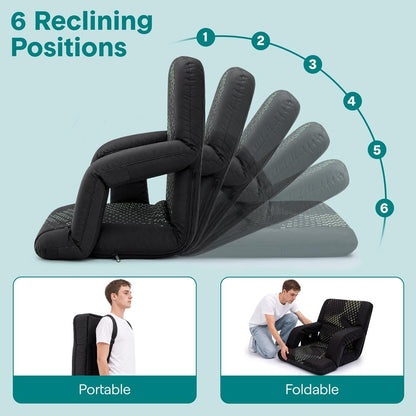 Serenelife 25” Foldable Stadium Chair With Backrest – 6 Adjustable Reclining Angles, Cup Holder, Padded Armrests, And Storage Pockets (Black)