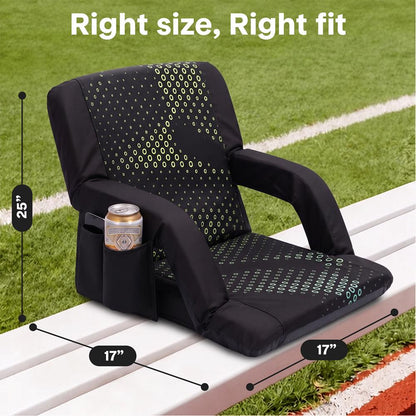 Serenelife 25” Foldable Stadium Chair With Backrest – 6 Adjustable Reclining Angles, Cup Holder, Padded Armrests, And Storage Pockets (Black)