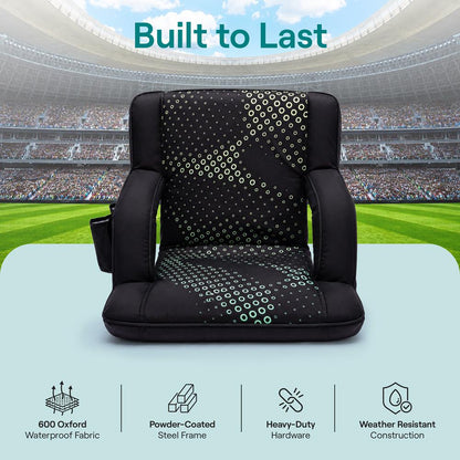 Serenelife 25” Foldable Stadium Chair With Backrest – 6 Adjustable Reclining Angles, Cup Holder, Padded Armrests, And Storage Pockets (Black)
