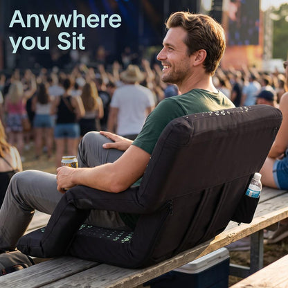 Serenelife 25” Foldable Stadium Chair With Backrest – 6 Adjustable Reclining Angles, Cup Holder, Padded Armrests, And Storage Pockets (Black)