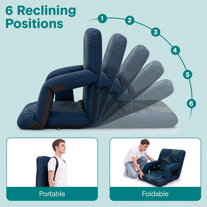 Serenelife 25” Foldable Stadium Chair With Backrest – 6 Adjustable Reclining Angles, Cup Holder, Padded Armrests, And Storage Pockets (Blue)