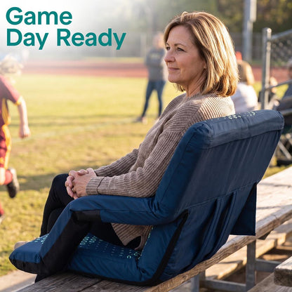 Serenelife 25” Foldable Stadium Chair With Backrest – 6 Adjustable Reclining Angles, Cup Holder, Padded Armrests, And Storage Pockets (Blue)