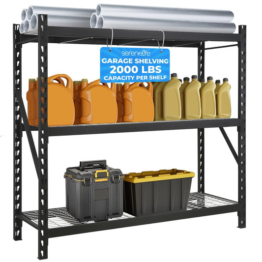 3-Tier Metal Garage Shelving, 2000 lbs Capacity, Adjustable Steel, Black