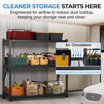 3-Tier Metal Garage Shelving, 2000 lbs Capacity, Adjustable Steel, Black