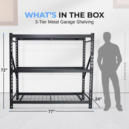 3-Tier Metal Garage Shelving, 2000 lbs Capacity, Adjustable Steel, Black