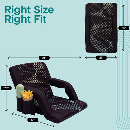 Serenelife 21” Foldable Stadium Chair Set With Backrest – 6 Adjustable Reclining Angles, Cup Holder, Padded Armrests, And Storage Pockets (Black)