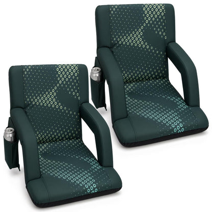 Serenelife 21” Foldable Stadium Chair Set With Backrest – 6 Adjustable Reclining Angles, Cup Holder, Padded Armrests, And Storage Pockets (Green)