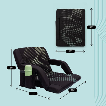 Serenelife 25” Foldable Stadium Chair Set With Backrest – 6 Adjustable Reclining Angles, Cup Holder, Padded Armrests, And Storage Pockets (Black)