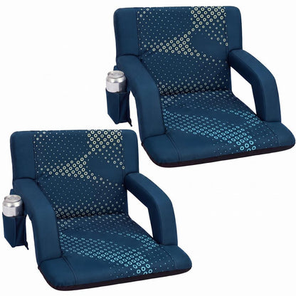 Serenelife 25” Foldable Stadium Chair Set With Backrest – 6 Adjustable Reclining Angles, Cup Holder, Padded Armrests, And Storage Pockets (Blue)