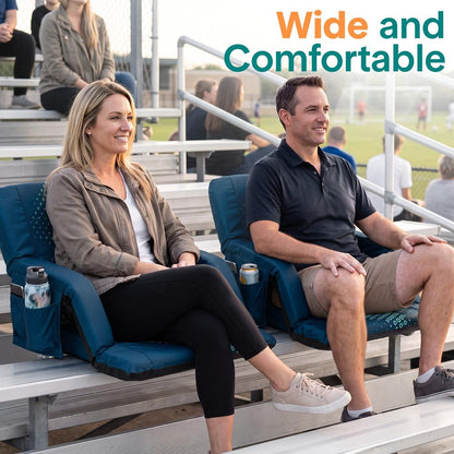 Serenelife 25” Foldable Stadium Chair Set With Backrest – 6 Adjustable Reclining Angles, Cup Holder, Padded Armrests, And Storage Pockets (Blue)