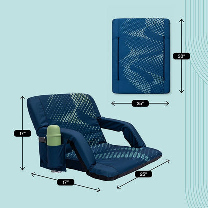 Serenelife 25” Foldable Stadium Chair Set With Backrest – 6 Adjustable Reclining Angles, Cup Holder, Padded Armrests, And Storage Pockets (Blue)