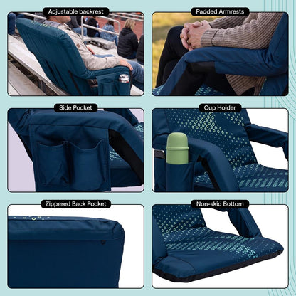 Serenelife 25” Foldable Stadium Chair Set With Backrest – 6 Adjustable Reclining Angles, Cup Holder, Padded Armrests, And Storage Pockets (Blue)