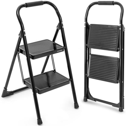 2-Step Folding Step Ladder With Wide Anti-Slip Pedal & Handrail – Sturdy Steel, Lightweight & Portable Step Stool For Home & Office Use (White)