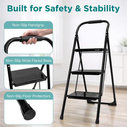 3-Step Folding Step Ladder With Wide Anti-Slip Pedal & Handrail – Sturdy Steel, Lightweight & Portable Step Stool For Home & Office Use (White)