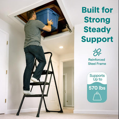 3-Step Folding Step Ladder With Wide Anti-Slip Pedal & Handrail – Sturdy Steel, Lightweight & Portable Step Stool For Home & Office Use (White)